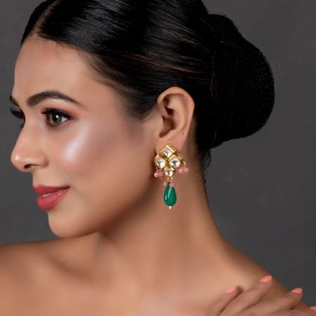 Mirror Petal Cluster Earrings with Pink Beads & Green Teardrop Pair